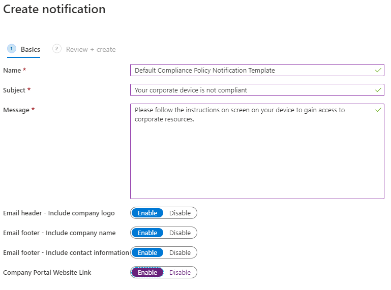 Captura de pantalla de Crear notificación en la configuración de directivas de cumplimiento.