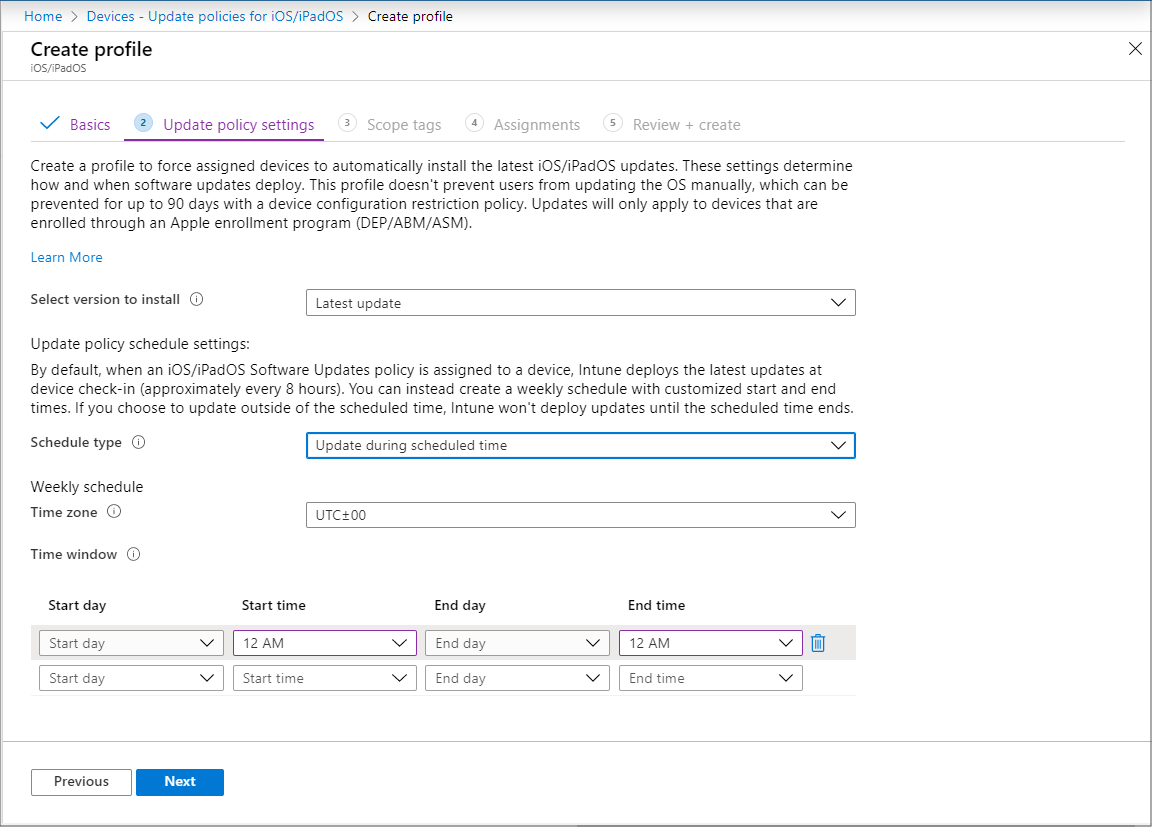 Captura de pantalla de Actualizar configuración de directiva en Crear perfil.