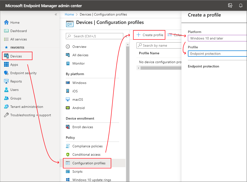 Captura de pantalla de Crear un perfil en Perfiles de configuración de Dispositivos para Windows 10.