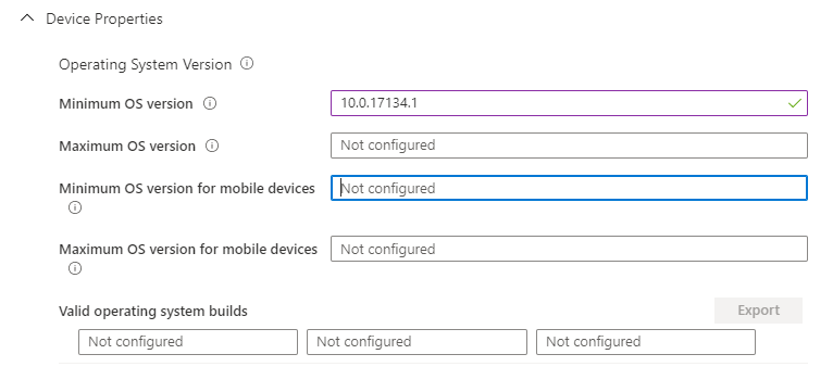 Captura de pantalla de Propiedades de dispositivo de la configuración de directiva de cumplimiento de Windows 10.