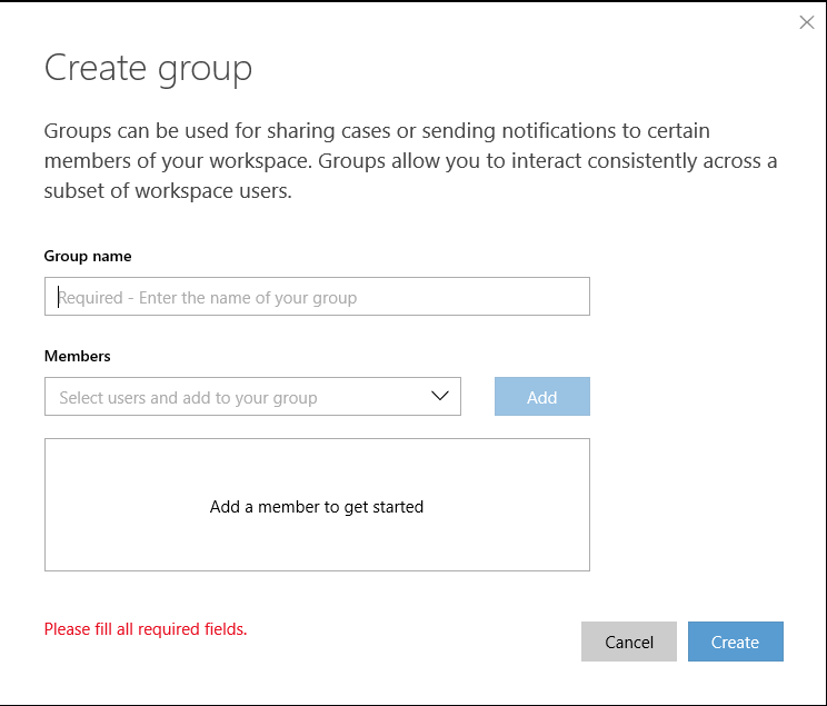 Cuadro de diálogo Crear grupo en la página Administrar usuarios.