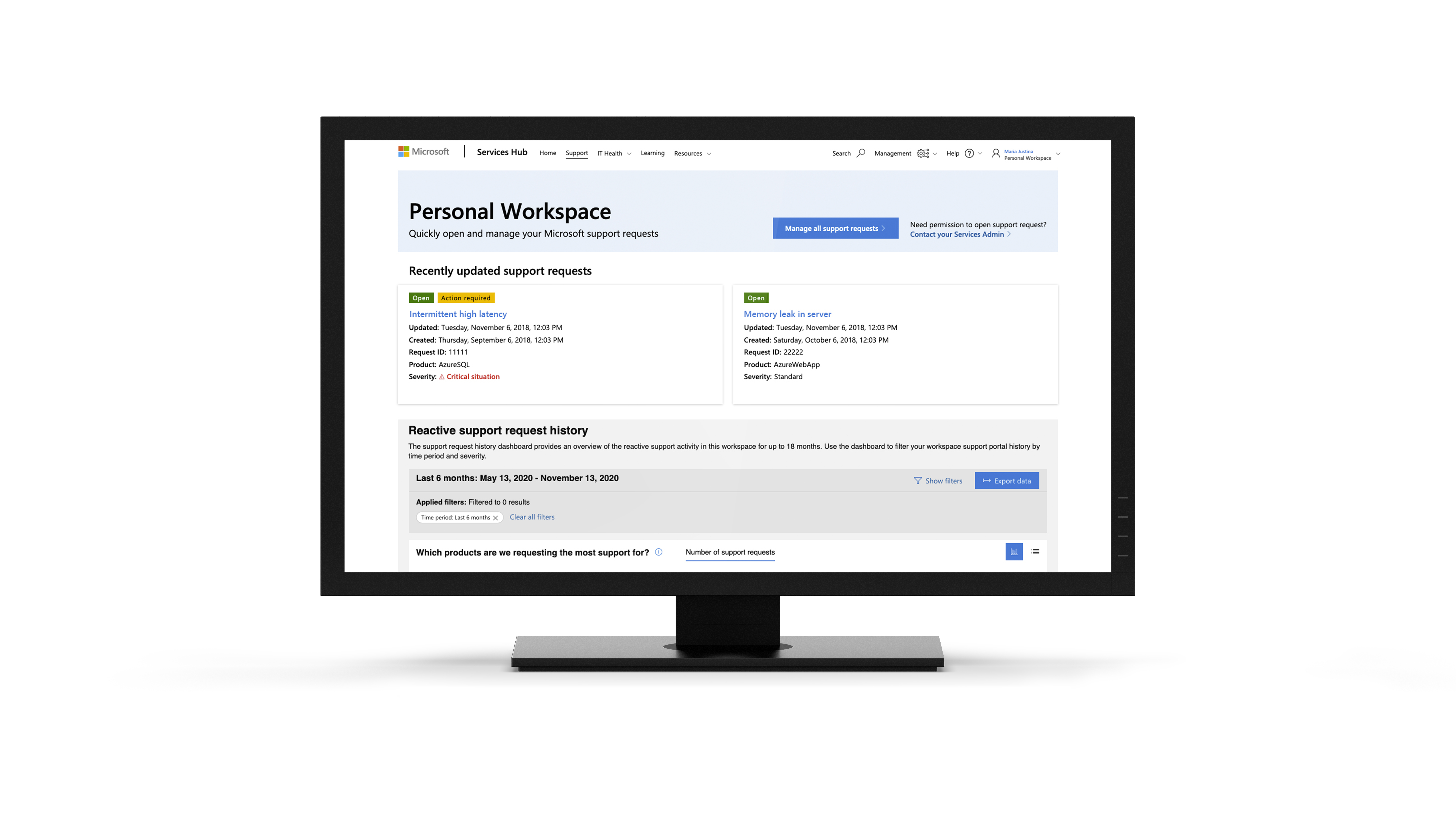 Un monitor mostrando la pantalla Área de trabajo personal en Microsoft Services Hub.