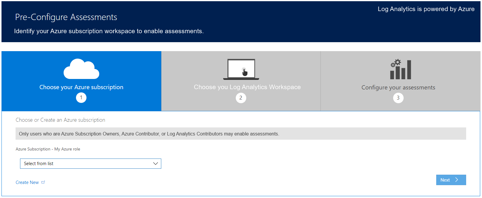 La página Preconfigurar evaluaciones con el paso Elegir su suscripción de Azure resaltado.