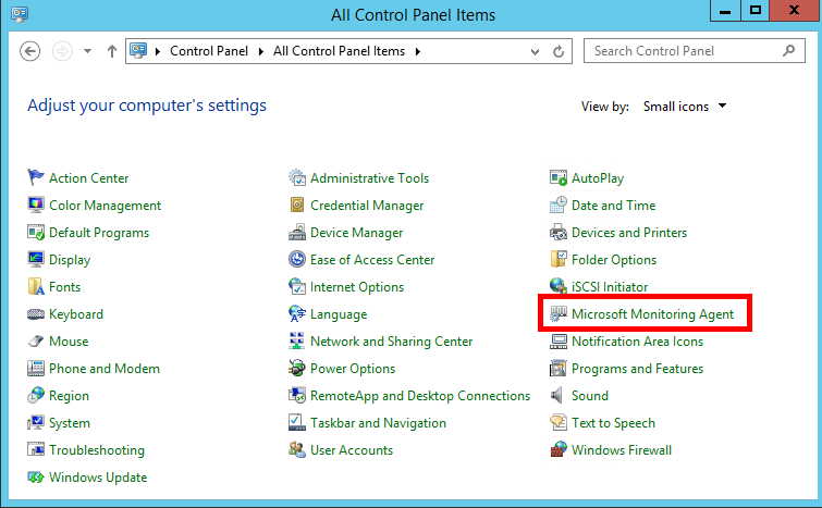 Captura de pantalla de la ventana Panel de control, con Microsoft Monitoring Agent la lista de configuraciones.