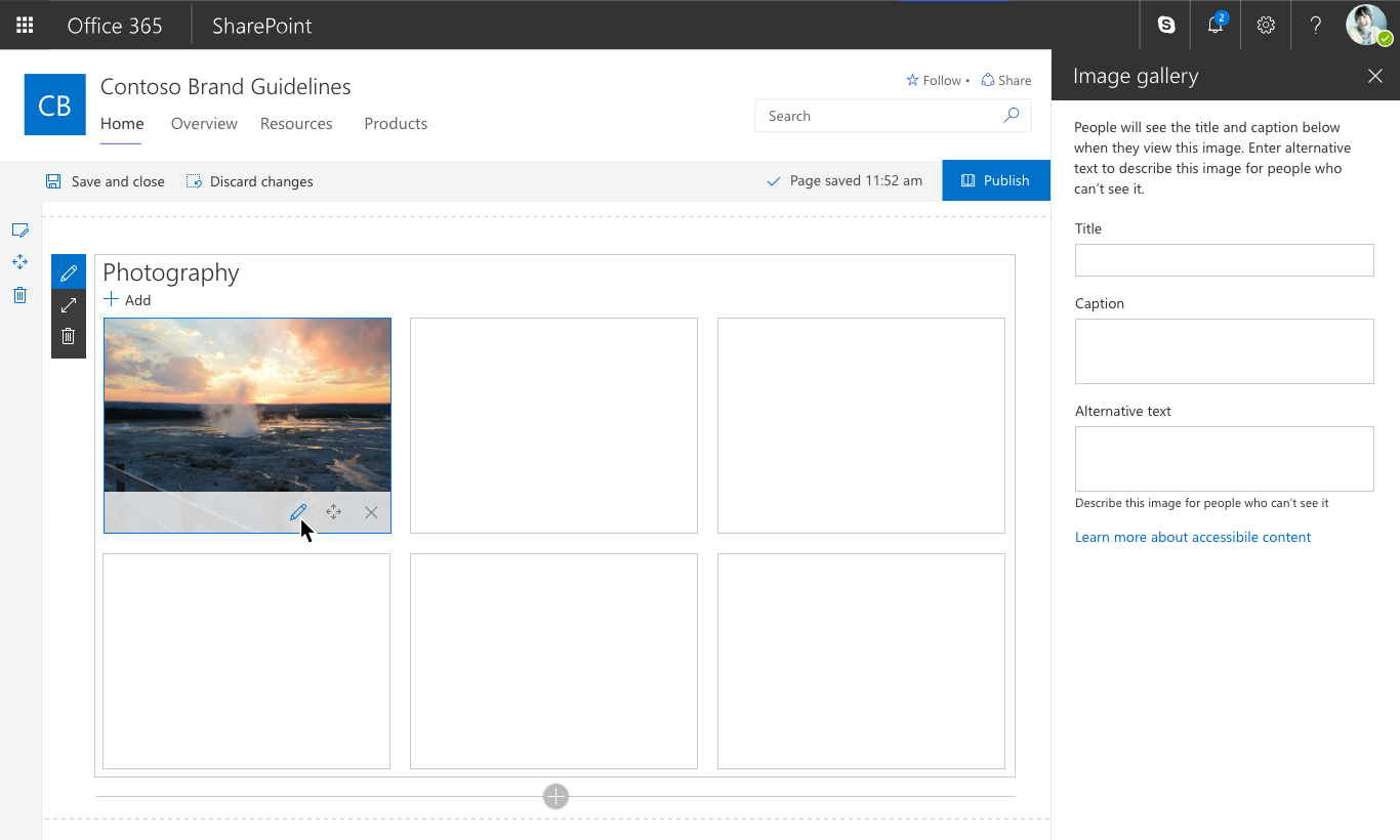Estado de edición del elemento web de la Galería de imágenes con el panel de propiedades abierto