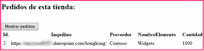 Sección de la página de inicio de pedidos con un pedido que aparece en una tabla HTML. Tiene columnas para ID, Tenant, Supplier, Product y Quantity.