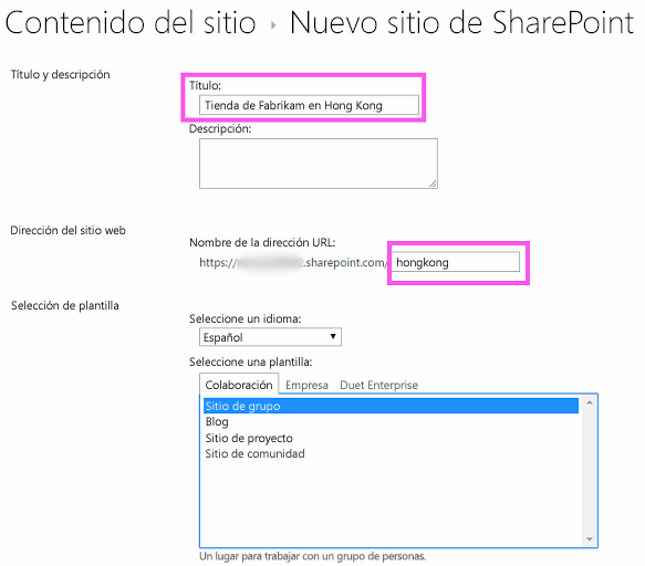 Formulario para crear un subsitio de SharePoint con “Fabrikam Hong Kong Store” en el cuadro de texto de título y “hongkong” en el de dirección URL.