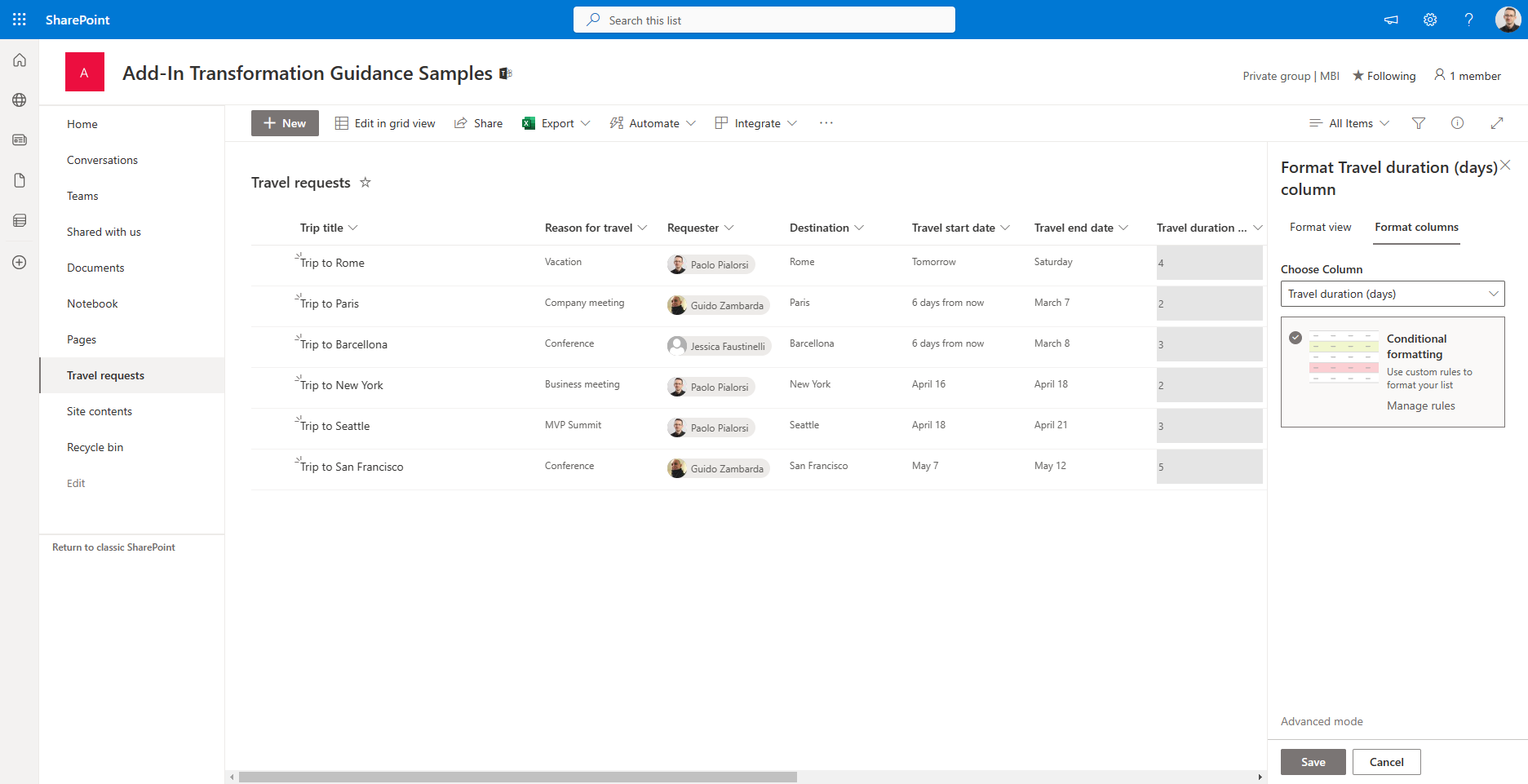Panel lateral para configurar la representación de columnas personalizada para la columna seleccionada. Existe la opción de elegir 