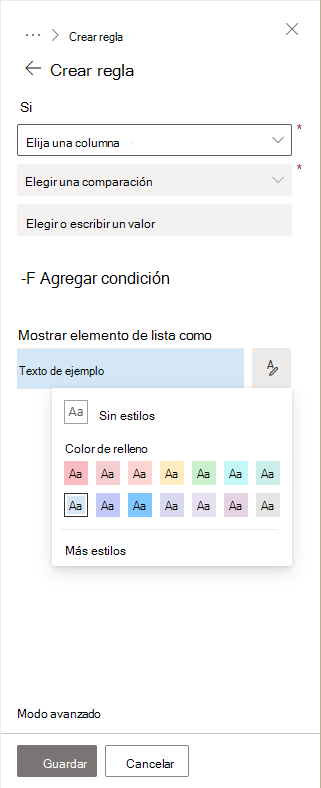 Panel lateral al definir una regla de formato personalizada para una columna. Puede definir una o varias condiciones y un estilo de representación.