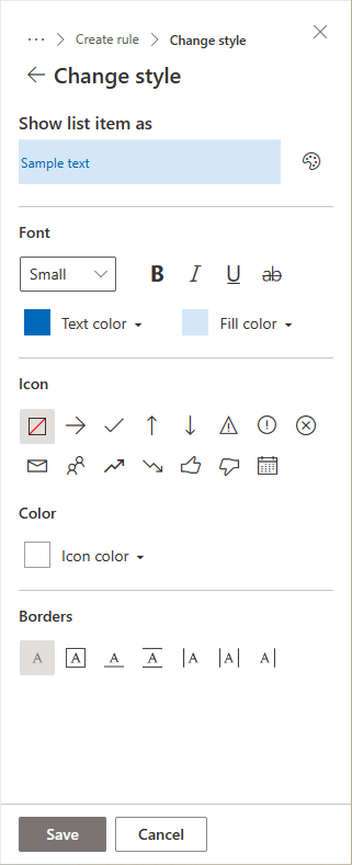 Panel lateral al definir un estilo personalizado. Puede definir la fuente personalizada, el color de texto y relleno, el icono, el color del icono y los bordes.