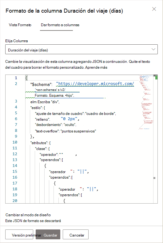 Panel lateral al definir un estilo personalizado en modo avanzado. Hay una textarea para editar una plantilla json en un nivel bajo.