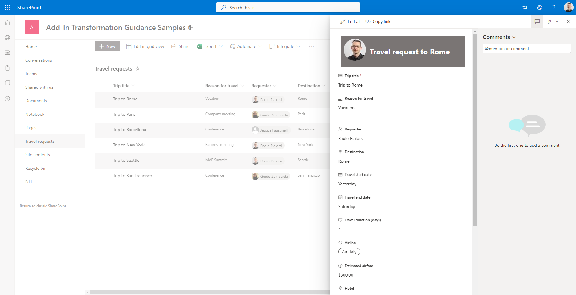 Interfaz de usuario de la personalización del encabezado, que muestra el avatar del solicitante y el destino del viaje en un cuadro.