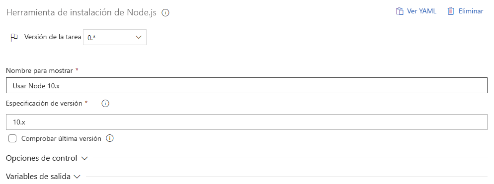 Captura de pantalla de la pantalla Node dot J S Tool Installer (Instalador de herramientas de J S del punto de nodo), en la que se muestran los campos Nombre para mostrar y Especificación de versión.