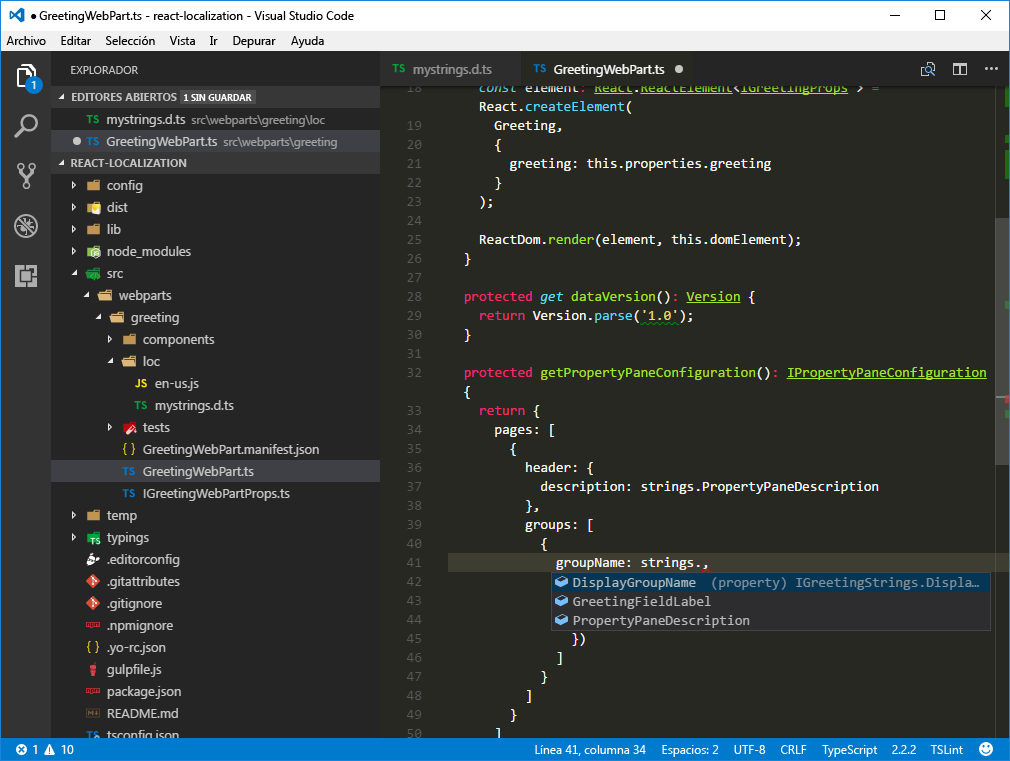 IntelliSense para cadenas localizadas en Visual Studio Code