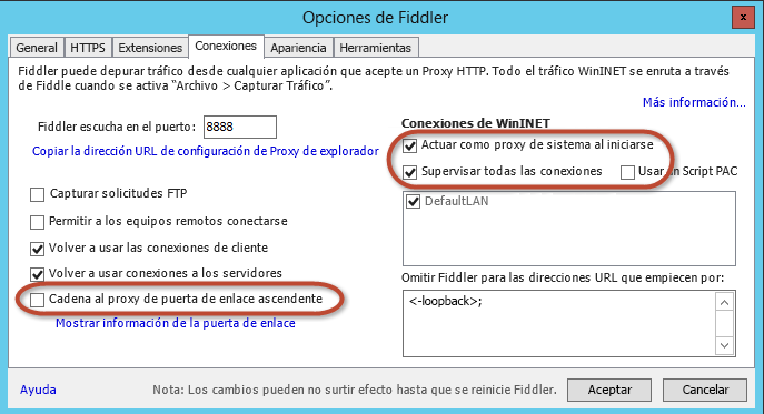 Figura 6. Opciones de conexión de Fiddler