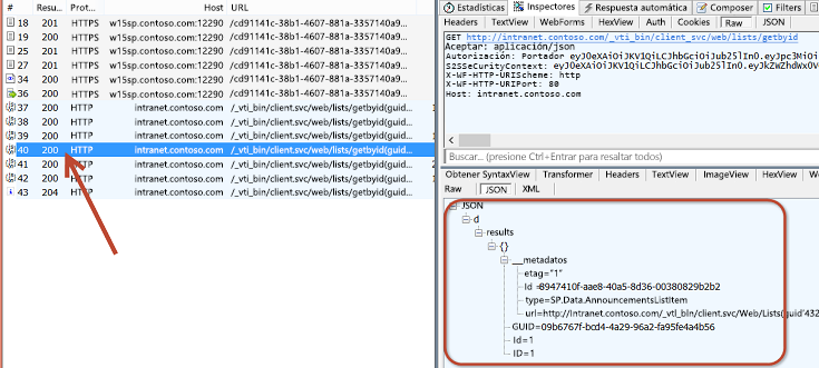 Figura 10. Recuperación de identificador y GUID de elemento de lista