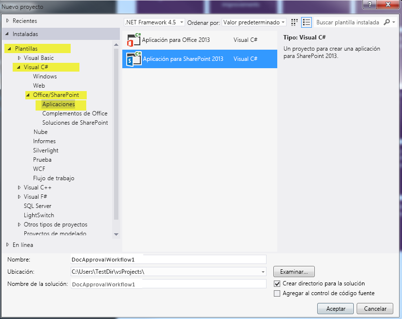 Cuadro de diálogo de nuevo proyecto en Visual Studio 2012