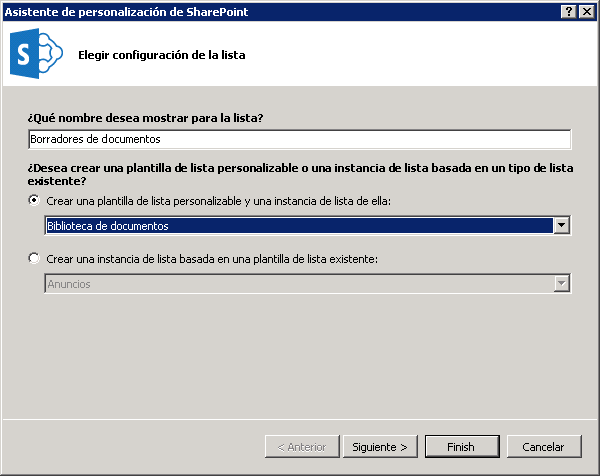 Asistente para crear nueva biblioteca de documentos