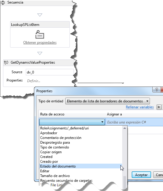 Establecer los valores de propiedades para extraer