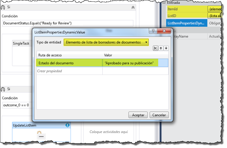 Especificar propiedades de elementos de lista que actualizar