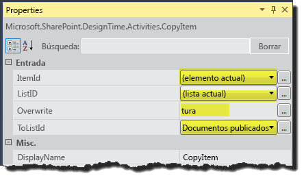 Configurar propiedades de la actividad CopyItem