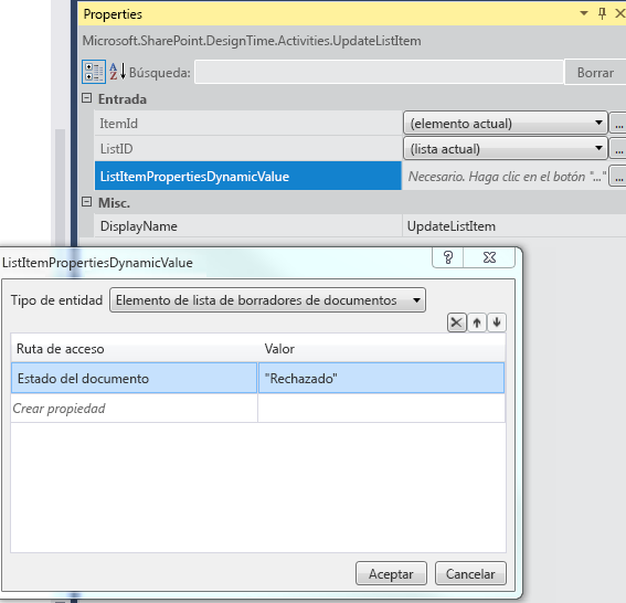 Configurar UpdateListItem para documentos rechazados
