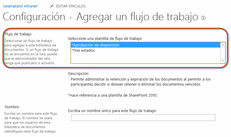 Figura 1. Agregar una asociación de flujo de trabajo