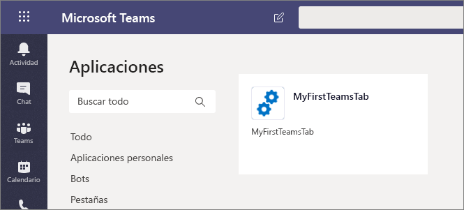 La aplicación de Microsoft Teams de SPFx personalizada se muestra como opción
