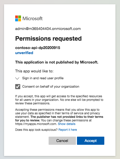 Mensaje de consentimiento de la API de la empresa