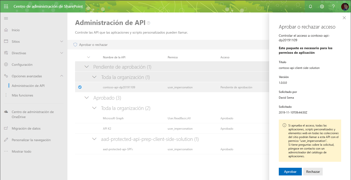 Captura de pantalla de la página de administración de WebApiPermission durante el proceso de aprobación