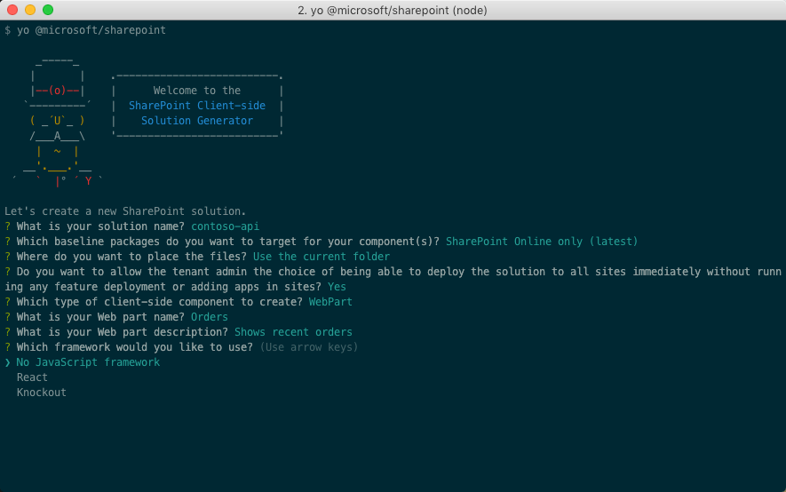 El generador de Yeoman de SharePoint Framework pide confirmación en una ventana de terminal