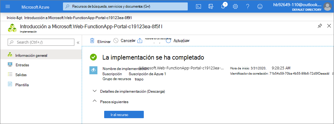 Página De aplicación de funciones de Azure completada