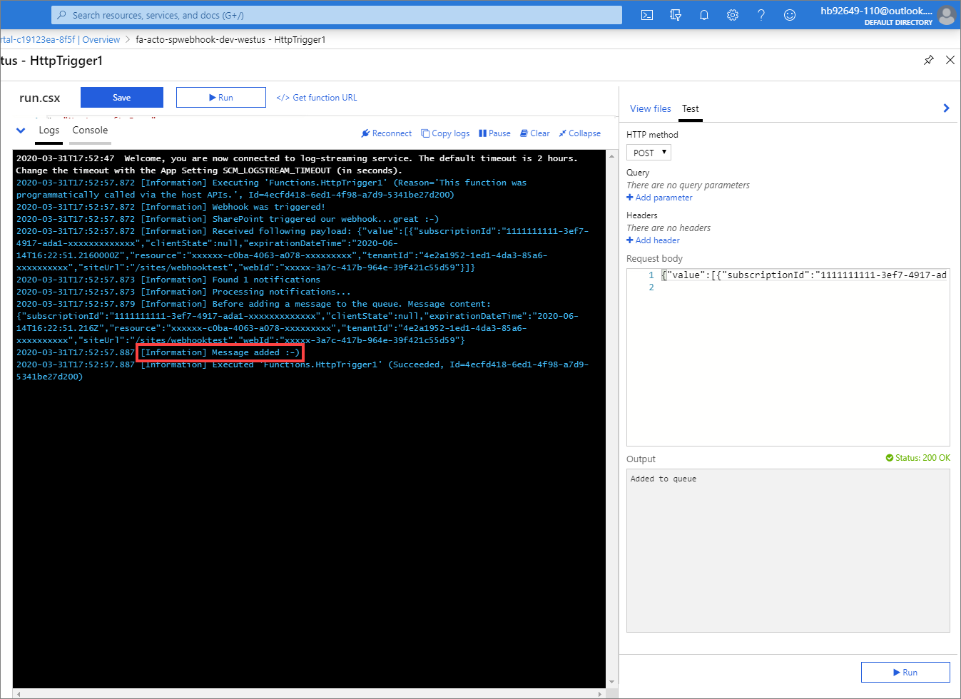Resultados de pruebas de notificación de webhook