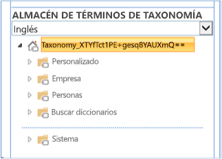 Captura de pantalla de una lista desplegable del almacén de términos de taxonomía