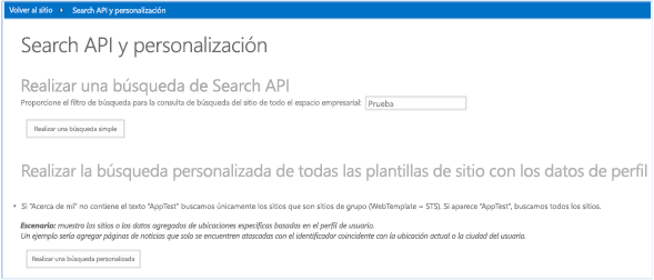 Captura de pantalla que muestra la página de inicio del complemento Search.PersonalizedResults