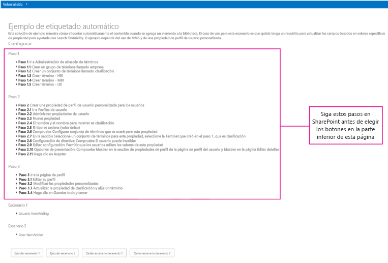 Captura de pantalla de la página de inicio del complemento de etiquetado automático con tres pasos de configuración resaltados.