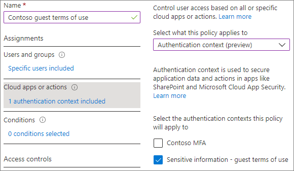 Captura de pantalla de las opciones de contexto de autenticación en la configuración de acciones o aplicaciones en la nube para una directiva de acceso condicional.