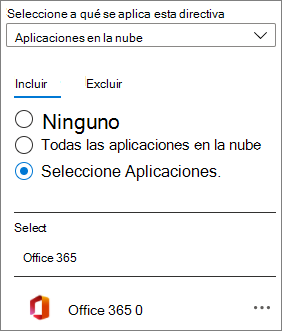 Recorte de pantalla de la aplicación en la nube de Office 365 en una directiva de acceso condicional de Azure Active Directory