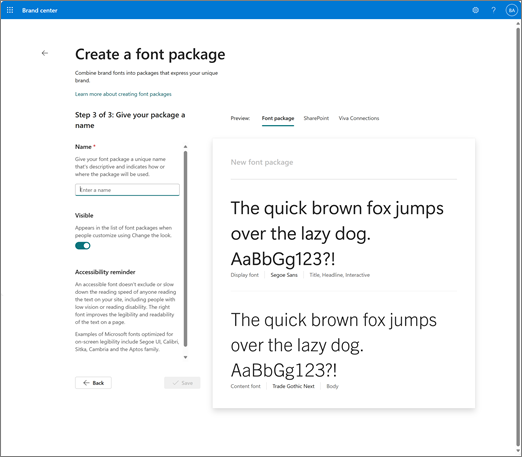 Captura de pantalla del paso 3 de creación de un nuevo paquete de fuentes.