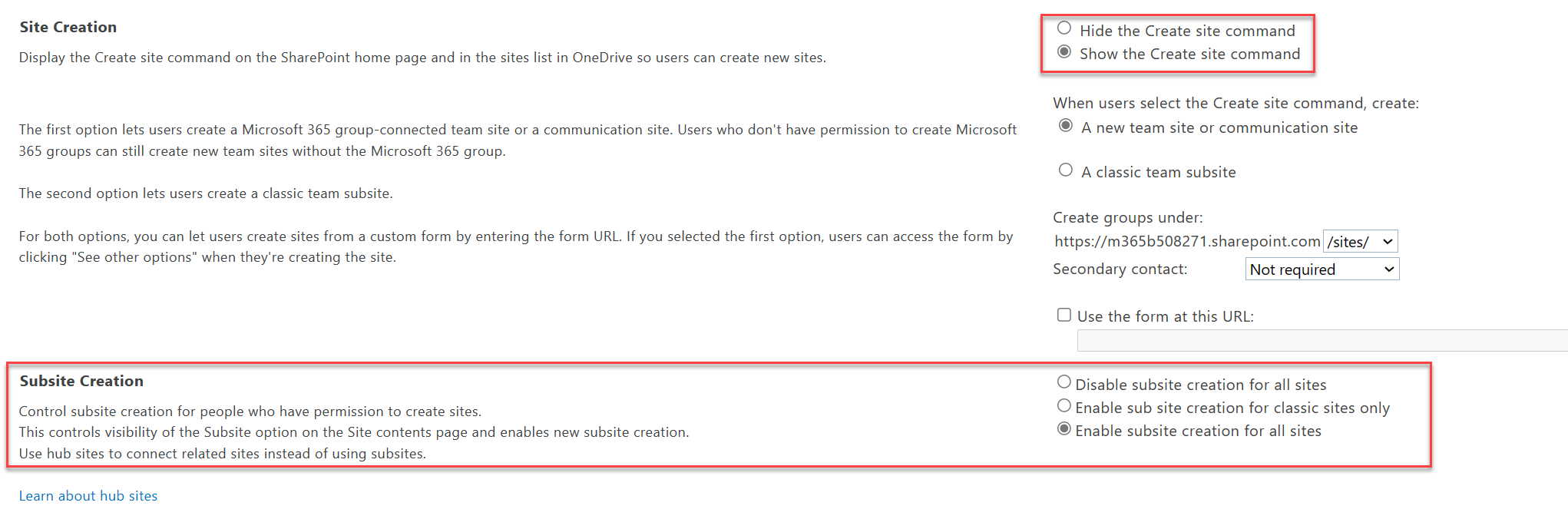 Captura de pantalla de la configuración de creación de sitios en el Centro de administración de SharePoint clásico.