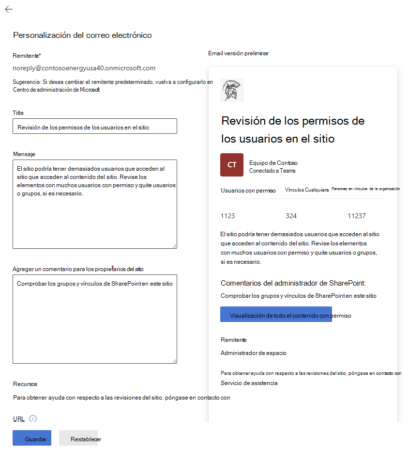 personalizar mensajes, comentarios y agregar vínculos a páginas de SharePoint en correos electrónicos a los propietarios del sitio