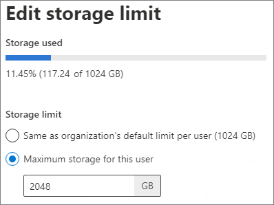 Captura de pantalla de la configuración de almacenamiento de OneDrive en el Centro de administración de Microsoft 365