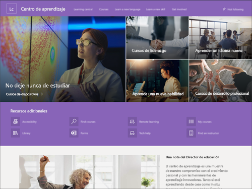 Captura de pantalla de la plantilla de comunicación de SharePoint de Learning Central.