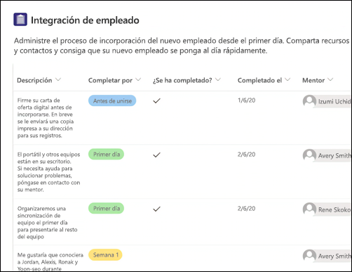 Captura de pantalla de la plantilla de listas de incorporación de empleados.