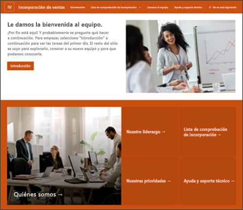 Captura de pantalla de la plantilla nuevo sitio de incorporación de empleados en SharePoint.