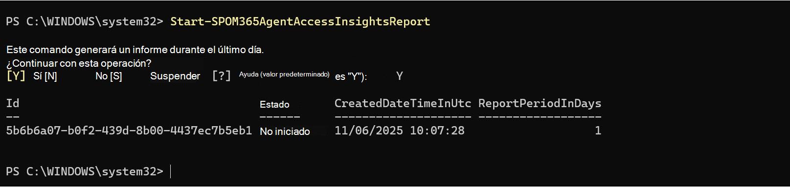Captura de pantalla de la ejecución de Start-SPOM365AgentAccessInsightsReport comando en Shell de administración de SharePoint Online.