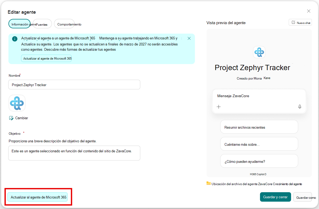 Captura de pantalla de SharePoint Builder que muestra el banner de actualización y los botones 