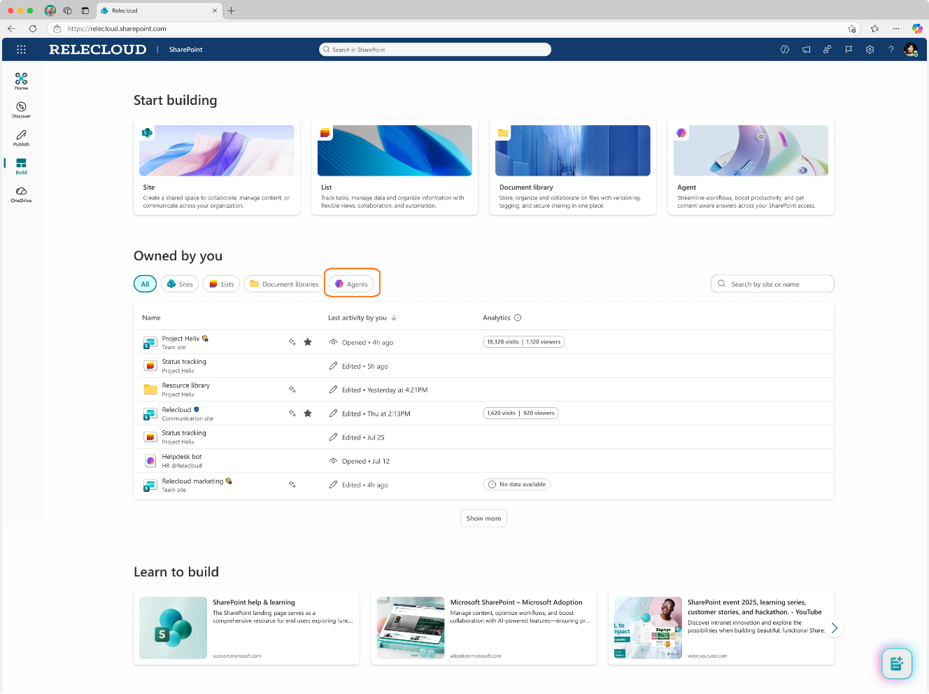 Captura de pantalla de los agentes que posee que se muestra en Compilar en SharePoint.
