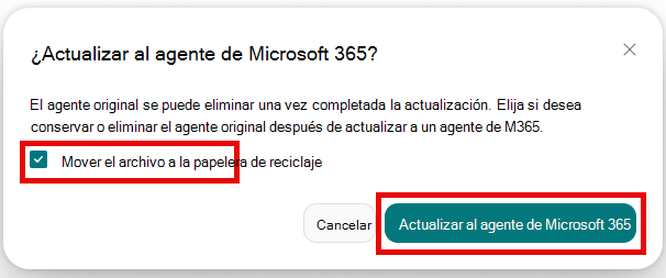 Captura de pantalla de SharePoint Builder que muestra el cuadro de diálogo de confirmación de actualización con la opción Mover archivo a la papelera de reciclaje seleccionada.