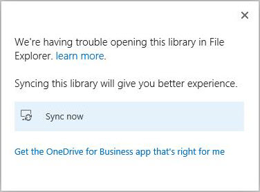 Captura de pantalla del cuadro de diálogo de error, que muestra Tenemos problemas para abrir esta biblioteca en el Explorador de archivos.